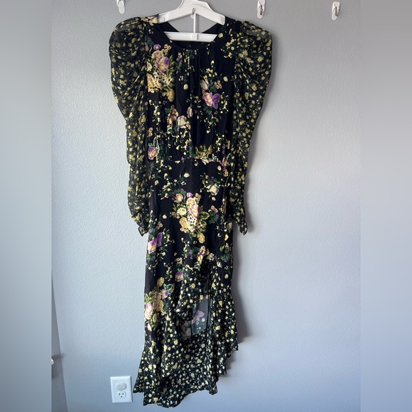 For Love and Lemons black yellow floral Ross asymmetrical hem dress sz XS - Picture 4 of 11